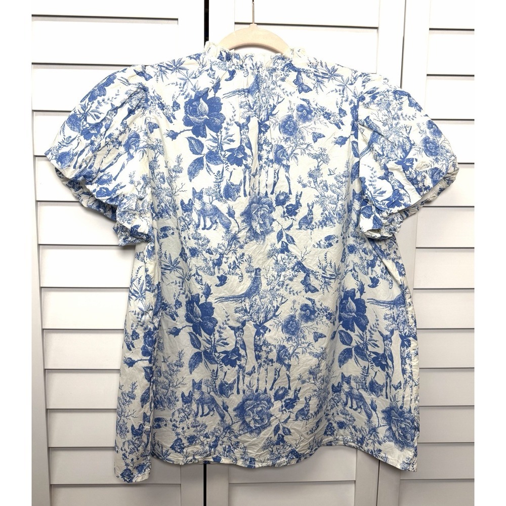 Entro Blue Cream Toile Woodland Wildlife Print Puff Sleeve Top Boho Size Large - Picture 9 of 9